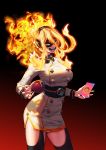  1girl absurdres belt black_legwear blonde_hair boku_no_hero_academia burnin_(boku_no_hero_academia) cellphone commentary_request domino_mask dress earmuffs fiery_hair fire garter_straps highres lips looking_at_viewer mask nose open_mouth phone ringed_eyes sharp_teeth short_dress side_slit smartphone solo studded sushispin taut_clothes taut_dress teeth thighhighs uniform white_dress yellow_eyes 
