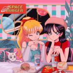  +_+ 2girls :p aino_minako bishoujo_senshi_sailor_moon black_hair blonde_hair cola diana_(sailor_moon) dress earrings fast_food food hair_ornament hairpin hamburger hanavbara hand_on_own_chin hand_on_own_face hands_clasped hat hino_rei jewelry looking_at_viewer mcdonald&#039;s multiple_girls one_eye_closed own_hands_together plant sitting smile space table tongue tongue_out 