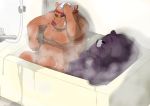  2012 anthro bathing belly brown_body brown_fur duo fur hi_res humanoid_hands kemono kuma_(pixiv_881259) male mammal overweight overweight_male siting sitting suid suina sus_(pig) ursid water wild_boar 