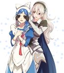 2girls apron armor black_gloves black_hairband blue_cape blue_hair braid cape corrin_(fire_emblem) corrin_(fire_emblem)_(female) covering_another&#039;s_eyes fire_emblem fire_emblem_fates gloves gradient_hair hairband lilith_(fire_emblem) long_hair long_sleeves misu_kasumi multicolored_hair multiple_girls open_mouth pointy_ears red_eyes red_hair simple_background single_braid white_hair 