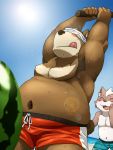  2012 3:4 anthro belly blush bodily_fluids brown_body brown_fur bulge clothing duo eyes_closed food fruit fur humanoid_hands kemono male mammal melon moobs navel nikiciy overweight overweight_male plant sweat swimwear tongue tongue_out ursid watermelon 