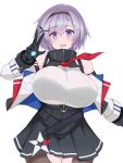  1girl :d alternate_breast_size anchor_symbol azur_lane bangs bare_shoulders belt black_hairband black_legwear blush breasts commentary cowboy_shot crotchless crotchless_pantyhose eyebrows_visible_through_hair grey_hair grey_skirt hair_between_eyes hair_intakes hair_ornament hairband hairclip highres huge_breasts jacket long_sleeves looking_at_viewer metal_gloves necktie off-shoulder_jacket open_clothes open_jacket open_mouth pleated_skirt purple_eyes red_neckwear reno_(azur_lane) shirt short_hair sidelocks simple_background skirt sleeveless sleeveless_shirt smile solo standing toyo_(c8) v white_background white_jacket white_shirt 