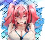  1girl :p azur_lane bangs black_bra blue_sky blush bra breasts bremerton_(azur_lane) bremerton_(scorching-hot_training)_(azur_lane) chain-link_fence cleavage collarbone collared_shirt commentary_request ear_piercing eyebrows_visible_through_hair fence grey_hair hair_between_eyes hair_intakes hair_ornament hairclip heart heart_necklace large_breasts long_hair looking_at_viewer mole mole_on_breast mole_under_eye multicolored_hair piercing pink_eyes pink_hair see-through shirt sidelocks sky sleeveless sleeveless_shirt smile solo sportswear streaked_hair sweat tongue tongue_out twintails two-tone_hair two-tone_shirt underwear upper_body wet wet_clothes wet_shirt white_shirt x_hair_ornament yukiru_akitera 