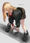  ball basketball bent_over blonde_hair blush breasts burari cleavage commentary_request downblouse earrings full_body highres holding holding_ball jacket jewelry licking_lips long_hair nose original shoes shorts sneakers socks sweatband tongue tongue_out 