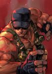  1boy baseball_cap black_gloves blue_headwear clark_still closed_mouth explosive fingerless_gloves gloves grenade hands_up hankuri hat male_focus manly metal_slug muscle pose shirtless simple_background solo sunglasses the_king_of_fighters upper_body vest 