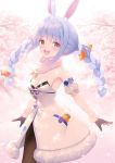  1girl :d animal_ear_fluff animal_ears bangs bare_shoulders bell_(oppore_coppore) black_gloves black_leotard blue_hair blurry blurry_background blush bow braid breasts brown_eyes brown_legwear bunny_ears carrot_hair_ornament cherry_blossoms cleavage commentary_request depth_of_field detached_sleeves dress eyebrows_visible_through_hair flower food_themed_hair_ornament fur-trimmed_dress fur-trimmed_gloves fur_trim gloves hair_bow hair_ornament highres hololive leotard long_hair looking_at_viewer multicolored_hair open_mouth pantyhose pink_flower puffy_short_sleeves puffy_sleeves short_eyebrows short_sleeves small_breasts smile solo strapless strapless_dress strapless_leotard thick_eyebrows tree_branch twin_braids twintails two-tone_hair upper_teeth usada_pekora virtual_youtuber white_bow white_dress white_hair white_sleeves 