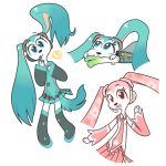  1:1 2019 accessory alternate_color anthro blue_eyes blue_hair blue_tail bottomwear canid canine canis cherry_blossom chew_toy chewing clothed clothing confusion cute_fangs dialogue dog_toy domestic_dog ears_up extraordinarycircus fangs female food footwear fur hair hair_accessory hatsune_miku headphones hi_res japanese_text kyrakupetsky leek long_ears long_hair looking_at_viewer mammal microphone necktie onion pigtails pink_body plant shoes simple_background skirt solo speech_bubble text topwear vegetable vocaloid white_background white_body white_fur 