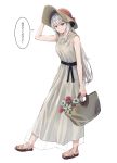  1girl bag belt bow breasts dress flower girls_frontline grey_dress hair_bow hair_ribbon hand_on_headwear hat hat_ribbon highres iws-2000_(girls_frontline) jewelry long_hair looking_at_viewer niac red_eyes ribbon ring ring_necklace sandals silver_hair slippers small_breasts smile solo speech_bubble translation_request wedding_band white_background white_dress white_hair 