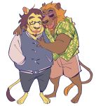  absurd_res aloha_shirt animal_crossing anthro arm_around_shoulders blush bud_(animal_crossing) duo eyewear facial_hair felid freckles glasses hi_res lion male male/male mammal mane mott_(animal_crossing) nintendo pantherine sunglasses tomatomagica video_games 