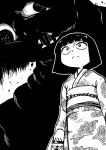  1girl bangs blunt_bangs chizuko_(youkai_hunter) constricted_pupils floral_print frown hime_cut japanese_clothes kimono monochrome monster nicetack solo youkai_hunter 