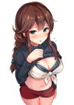  1girl bangs bikini bikini_under_clothes black_bikini black_sweater blush braid breasts brown_hair cleavage clothes_pull flying_sweatdrops green_eyes hair_ribbon highres kantai_collection large_breasts long_hair long_sleeves navel noshiro_(kantai_collection) open_mouth red_skirt ribbed_sweater ribbon senbei_(senbe_i) shirt shirt_under_sweater shorts sidelocks simple_background skirt solo sweater sweater_pull swimsuit tied_shirt twin_braids white_background white_shirt 