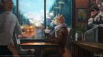  16:9 anthro black_nose canid canine clothed clothing day detailed_background fox fur inside male mammal public raining sitting thanshuhai white_body white_fur widescreen 