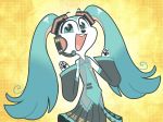  2019 accessory anthro black_nose black_pawpads blue_eyes blue_hair bottomwear canid canine canis clothed clothing domestic_dog extraordinarycircus female fur hair happy hatsune_miku kyrakupetsky long_ears long_hair looking_at_viewer mammal necktie open_mouth pawpads paws pigtails simple_background skirt solo topwear vocaloid white_body white_fur yellow_background 