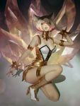  1girl absurdres ahri animal_ears armlet bare_shoulders blonde_hair bracelet breasts cleavage fingernails fox_ears fox_tail gold gold_trim high_heels highres huge_filesize jewelry k/da_(league_of_legends) k/da_ahri kitsune league_of_legends long_fingernails multiple_tails olesyaspitz one_knee parted_lips pink_lips shadow sharp_fingernails short_hair solo tail turtleneck yellow_eyes 