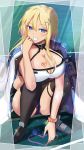  +_+ 1girl anchor_symbol azur_lane bangs black_legwear black_leotard black_shorts blonde_hair blue_eyes blush breast_tattoo breasts cleavage coat collarbone commentary_request dark_skin diffraction_spikes elbow_on_knee eyebrows_visible_through_hair fang full_body grin gyaru hair_between_eyes hair_ornament hairclip hand_on_own_chin heart highres id_card jacket_on_shoulders large_breasts leotard leotard_under_clothes light_particles light_rays looking_at_viewer marblehead_(azur_lane) multicolored_hair nail_polish panties panty_peek pink_hair pink_nails pink_panties ru-ne rudder_footwear scrunchie shadow short_hair_with_long_locks short_shorts shorts sidelocks smile solo sparkle squatting tattoo thigh_strap thighhighs two-tone_hair underwear white_coat wrist_scrunchie 