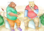  2012 anthro blush bottomwear brown_body brown_fur canid canine canis clothing domestic_dog duo eating eyes_closed food fur humanoid_hands kemono kuma_(pixiv_881259) male mammal overweight overweight_male pants shirt shorts sitting suid suina sus_(pig) topwear wild_boar 