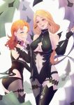  2girls annette_fantine_dominic black_gloves blonde_hair breasts center_opening closed_mouth cosplay earrings fingerless_gloves fire_emblem fire_emblem:_three_houses from_side gloves green_eyes highres jewelry kronya_(fire_emblem) kronya_(fire_emblem)_(cosplay) long_hair looking_to_the_side mercedes_von_martritz multiple_girls navel open_mouth orange_hair pooh920 smile 