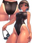 1girl ass bangs bare_arms bare_shoulders black_hair black_swimsuit blue_eyes blush breasts commentary_request competition_swimsuit covered_navel cowboy_shot cropped_legs eyebrows_visible_through_hair eyewear_removed groin headwear_removed highleg highleg_swimsuit highres holding holding_eyewear looking_at_viewer multiple_views one-piece_swimsuit one-piece_tan open_mouth original shimazu_tekkou short_hair simple_background skindentation swimsuit tan tanline thighs white_background 