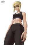  1girl abs artoria_pendragon_(all) black_bra black_pants blonde_hair bra braid carlo_montie crotch_seam expressionless eyebrows_visible_through_hair fate/stay_night fate_(series) french_braid from_below looking_at_viewer midriff muscle muscular_female navel pants saber_alter simple_background solo sports_bra stomach underwear white_background yellow_eyes 