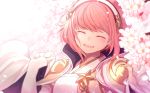  1girl cherry_blossoms closed_eyes fire_emblem fire_emblem_fates hairband highres japanese_clothes nakabayashi_zun open_mouth petals pink_hair sakura_(fire_emblem) short_hair solo upper_body 