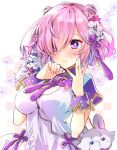  1girl :&lt; bag bangs blush breasts commentary_request dress fate/grand_order fate_(series) flower fou_(fate/grand_order) hair_flower hair_ornament hair_over_one_eye hair_ribbon hat large_breasts looking_at_viewer mash_kyrielight purple_eyes ribbon short_hair short_sleeves smile wasa_(pixiv29582664) white_dress white_flower wrist_cuffs 