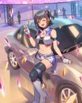 1girl ;d armband bandeau bare_shoulders black_legwear blurry boots breasts brown_eyes brown_hair car choker cleavage confetti crop_top cropped_vest depth_of_field fingerless_gloves glint gloves grey_legwear ground_vehicle hand_up high_heel_boots high_heels highres idolmaster idolmaster_million_live! idolmaster_million_live!_theater_days jewelry kamille_(vcx68) kasuga_mirai knee_boots looking_at_viewer medium_breasts midriff motor_vehicle nail_polish navel necklace one_eye_closed one_side_up open_mouth race_queen short_hair short_shorts shorts sidelocks skindentation sleeveless smile solo stomach thighhighs v white_gloves white_shorts 
