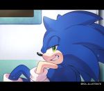  1boy animal_ears blue_fur derivative_work gloves green_eyes grin half-closed_eyes hedgehog hedgehog_ears highres isa-415810 letterboxed looking_at_viewer looking_back lying male_focus screencap_redraw smile snout socks sonic sonic_the_hedgehog sonic_x white_gloves 