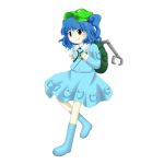  backpack bag bangs blue_eyes blue_footwear blue_hair blue_shirt blue_skirt boots collared_shirt flat_cap frilled_shirt_collar frills green_headwear hair_bobbles hair_ornament hat kawashiro_nitori key knee_boots long_sleeves medium_hair oota_jun&#039;ya_(style) pocket rubber_boots shirt short_twintails sidelocks skirt skirt_set touhou twintails 