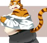  2013 anthro belly blush bottomwear butt clothed clothing felid humanoid_hands kemono male mammal nikiciy open_shirt overweight overweight_male pantherine pants shirt simple_background solo tiger topwear 