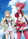  2girls absurdres ass black_gloves blonde_hair blue_sky breasts chest_jewel cleavage cleavage_cutout closed_mouth cloud day earrings fingerless_gloves gloves hand_on_hip headpiece highres hikari_(xenoblade_2) homura_(xenoblade_2) jewelry large_breasts leg_garter long_hair looking_at_viewer multiple_girls nestea red_eyes red_hair red_legwear red_shorts short_hair short_shorts shorts sideboob sky standing thighhighs tiara white_gloves xenoblade_(series) xenoblade_2 yellow_eyes 