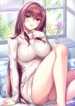  1girl :d bangs bare_legs blush breasts commentary_request day dress eyebrows_visible_through_hair fate/grand_order fate_(series) feet_out_of_frame fukase_ayaka hand_on_own_chest indoors knee_up large_breasts long_hair long_sleeves looking_at_viewer open_mouth pillow purple_hair red_eyes ribbed_sweater scathach_(fate)_(all) scathach_(fate/grand_order) sitting sleeves_past_wrists smile solo straight_hair sweater sweater_dress vase very_long_hair white_dress white_sweater window windowsill 