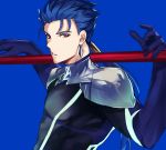  1boy absurdres blue_background blue_gloves blue_hair commentary cu_chulainn_(fate)_(all) cu_chulainn_(fate/grand_order) earrings fate/stay_night fate_(series) frown gloves highres holding holding_weapon jewelry kanniepan long_hair looking_at_viewer male_focus polearm ponytail red_eyes simple_background solo spear weapon 