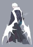  1boy back black_coat black_gloves blue_eyes closed_mouth coat dated devil_may_cry devil_may_cry_4 dmc_pa gloves grey_background looking_back male_focus nero_(devil_may_cry) scarf signature simple_background sleeves_rolled_up solo standing thigh_strap white_hair wings 