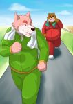  2012 absurd_res anthro bottomwear brown_body brown_fur canid canine clothing duo eyes_closed fur hi_res humanoid_hands kemono kuma_(pixiv_881259) male mammal overweight overweight_male pants ursid 