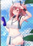  1girl armpits azur_lane bangs bare_legs bare_shoulders blue_sky blurry_foreground blush bottle breasts bremerton_(azur_lane) bremerton_(scorching-hot_training)_(azur_lane) chain-link_fence cleavage closed_mouth cloud collarbone collared_shirt commentary cowboy_shot crop_top crop_top_overhang day eyebrows_visible_through_hair fence foshu green_skirt grey_hair groin hair_between_eyes hair_intakes hair_ornament hairclip hand_up heart heart_necklace highres holding holding_bottle large_breasts lens_flare long_hair looking_to_the_side midriff mole mole_under_eye multicolored_hair navel nose_blush outdoors pink_eyes pink_hair shirt shoes sidelocks skirt sky sleeveless sleeveless_shirt sneakers solo sportswear standing standing_on_one_leg streaked_hair sweat tennis_uniform twintails two-tone_hair two-tone_shirt two-tone_skirt water_bottle white_shirt white_skirt wristband x_hair_ornament 