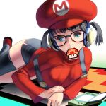  1girl black_legwear blue_eyes blue_hair breasts genderswap genderswap_(mtf) glasses gradient gradient_background handheld_game_console hat headphones highres large_breasts long_sleeves looking_at_viewer mario mario_(series) masao miniskirt mouth_hold mushroom nintendo nintendo_3ds revision ribbed_sweater skirt solo super_mario_bros. super_mushroom suspenders sweater thighhighs turtleneck twintails 