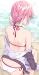  1girl ass beach black-framed_eyewear facing_away fate/grand_order fate_(series) from_behind glasses highres hood hoodie kuroki_(ma-na-tu) mash_kyrielight pink_eyes short_hair sitting solo wariza 