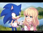  1boy 1girl bangs blonde_hair blue_eyes blue_fur derivative_work eyebrows_visible_through_hair green_eyes happy hedgehog hedgehog_ears highres isa-415810 lake long_hair looking_at_another nature open_mouth screencap_redraw shirt smile sonic sonic_the_hedgehog sonic_x wheelchair white_shirt 