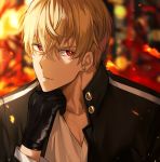  1boy absurdres bangs black_gloves black_jacket blonde_hair blurry blurry_background collarbone earrings eyebrows_visible_through_hair fate/stay_night fate_(series) gilgamesh gloves highres jacket jewelry kanniepan male_focus red_eyes shirt solo white_shirt 