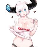  1girl :d black_panties blue_eyes blush_stickers borrowed_character breasts broken_horn cleavage covered_nipples cowboy_shot frilled_panties frills hands_up head_tilt heart horns large_breasts lifted_by_self looking_at_viewer midriff navel open_mouth original panties shirt shirt_lift short_hair shu-mai simple_background skindentation smile solo star star-shaped_pupils symbol-shaped_pupils underwear white_background white_hair yamada-chan_(mato_tsuyoi) 