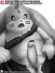  2020 3:4 balls black_and_grey black_eyes bottomwear clothing digimon digimon_(species) digital_media_(artwork) erection facial_markings gargomon genitals greyscale head_markings hi_res lagomorph leporid looking_at_penis looking_confused male mammal markings monochrome no_underwear open_mouth pants patreon penis rabbit solo surprise text undressing url winick-lim 