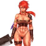  1girl abs armlet ass_visible_through_thighs babel_(shu-mai) bare_shoulders blue_eyes braid breasts bright_pupils budget_sarashi cleavage closed_mouth collar dragonslayer_(sword) facial_mark feathers floating_hair hair_between_eyes highleg highleg_panties holding holding_sword holding_weapon huge_breasts leg_strap looking_at_viewer micro_panties muscle muscular_female navel original panties ponytail pubic_hair red_hair sarashi shoulder_armor shu-mai side_braid simple_background single_spaulder solo spaulders standing sword underwear weapon white_background 