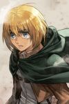  1boy armin_arlert belt blonde_hair blue_eyes brown_jacket coat green_coat grey_background hankuri jacket male_focus open_clothes open_jacket parted_lips shingeki_no_kyojin shirt solo sweatdrop uniform upper_body white_shirt 