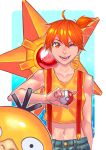  1girl ;d ahoge arm_at_side bare_arms bare_shoulders behind_another buttons collarbone denim gen_1_pokemon golduck gym_leader hair_between_eyes hand_up highres holding holding_poke_ball kashina kasumi_(pokemon) midriff navel one_eye_closed open_mouth orange_eyes orange_hair poke_ball poke_ball_(generic) pokemon pokemon_(anime) pokemon_(classic_anime) pokemon_(creature) shirt short_hair side_ponytail sleeveless sleeveless_shirt smile starmie stomach suspenders upper_body yellow_shirt 