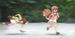  2girls agung_syaeful_anwar animal_ears ayunda_risu brown_hair dog_ears dog_girl dog_tail dress fleeing hair_ornament hairclip hat highres hololive inugami_korone multiple_girls open_mouth red_ribbon ribbon running scared squirrel_ears squirrel_girl squirrel_tail tail 