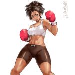  1girl abs artist_logo bike_shorts blue_eyes boxing_gloves brown_hair legs_apart looking_at_viewer midriff navel open_mouth original shu-mai simple_background solo standing tank_top white_background 