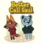  animal_crossing anthro better_call_saul black_clothing black_eyes black_nose blue_body blue_eyes blue_fur breaking_bad brown_body brown_fur brown_nose canid canine canis clothed clothing crossover duo fangs fluffy fluffy_tail fur hair hi_res humanoid iirene jacket male mammal mike_ehrmantraut nacho_varga nintendo open_mouth polar_bear red_clothing simple_background standing text topwear ursid ursine video_games white_hair wolf 