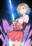  1girl axe black_legwear blonde_hair blush breasts commentary_request djeeta_(granblue_fantasy) gauntlets granblue_fantasy hairband highres holding holding_sword holding_weapon kaname_(melaninusa09) long_sleeves red_hairband short_hair smile solo sword thighhighs weapon 