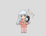  1girl alternate_costume commentary_request frying_pan full_body grey_background kantai_collection ladle long_hair looking_at_viewer murakumo_(kantai_collection) open_mouth orange_eyes otoufu silver_hair simple_background sleepwear solo standing 