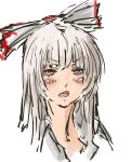  1girl blush bow eyebrows_visible_through_hair fujiwara_no_mokou grey_hair grey_shirt hair_bow highres jitome looking_at_viewer nameo_(judgemasterkou) open_mouth portrait red_eyes shirt simple_background solo touhou white_background white_bow 